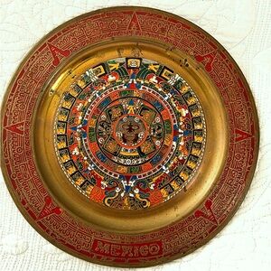 Vintage Copper and Enamel Mexico Aztec Plate Wall Hanging 1970s 11”